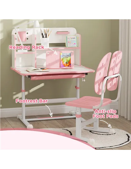 AIYAPLAY Height Adjustable Kids Desk and Chair Set, Children School Study Desk with Tiltable Desktop, Reading Rack,  Pink