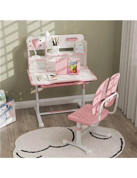 AIYAPLAY Height Adjustable Kids Desk and Chair Set, Children School Study Desk with Tiltable Desktop, Reading Rack,  Pink