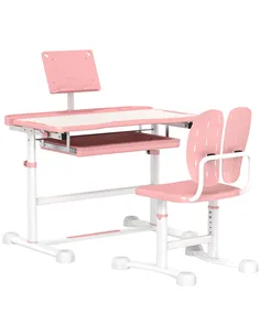 AIYAPLAY Height Adjustable Kids Desk and Chair Set, School Study Writing, Reading Table Chair Set w/ Tilted Desktop, Pink