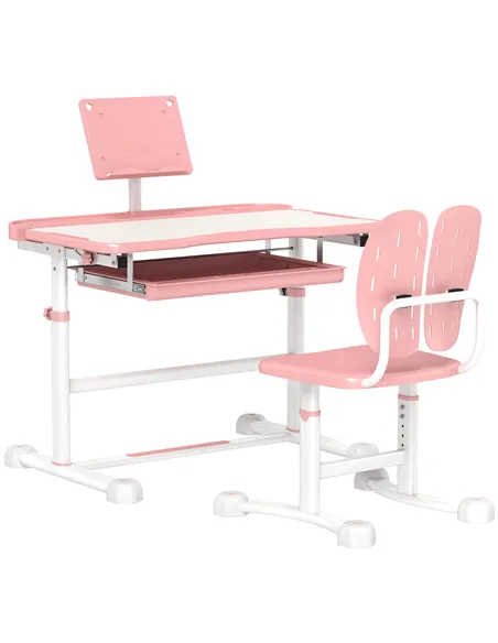 AIYAPLAY Height Adjustable Kids Desk and Chair Set, School Study Writing, Reading Table Chair Set w/ Tilted Desktop, Pink