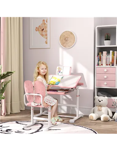 AIYAPLAY Height Adjustable Kids Desk and Chair Set, School Study Writing, Reading Table Chair Set w/ Tilted Desktop, Pink