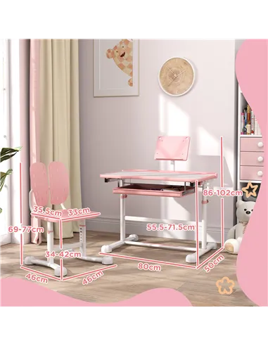 AIYAPLAY Height Adjustable Kids Desk and Chair Set, School Study Writing, Reading Table Chair Set w/ Tilted Desktop, Pink