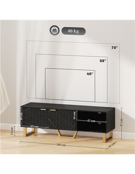 HOMCOM Marble Effect TV Unit, TV Stand Cabinet for up to 70" TVs, Modern TV Cabinet with Shelves and Storage Cupboard, Fluted Do