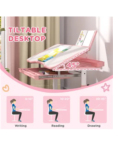 AIYAPLAY Height Adjustable Kids Desk and Chair Set, School Study Writing, Reading Table Chair Set w/ Tilted Desktop, Pink