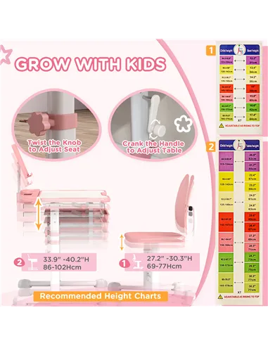 AIYAPLAY Height Adjustable Kids Desk and Chair Set, School Study Writing, Reading Table Chair Set w/ Tilted Desktop, Pink