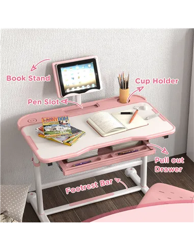 AIYAPLAY Height Adjustable Kids Desk and Chair Set, School Study Writing, Reading Table Chair Set w/ Tilted Desktop, Pink