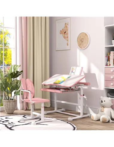 AIYAPLAY Height Adjustable Kids Desk and Chair Set, School Study Writing, Reading Table Chair Set w/ Tilted Desktop, Pink
