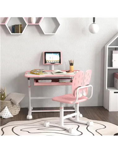 AIYAPLAY Height Adjustable Kids Desk and Chair Set, School Study Writing, Reading Table Chair Set w/ Tilted Desktop, Pink