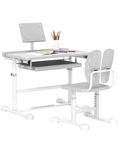 AIYAPLAY Height Adjustable Kids Desk and Chair Set, School Study Writing, Reading Table Chair Set w/ Tilted Desktop, Grey