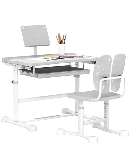 AIYAPLAY Height Adjustable Kids Desk and Chair Set, School Study Writing, Reading Table Chair Set w/ Tilted Desktop, Grey