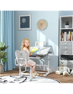 AIYAPLAY Height Adjustable Kids Desk and Chair Set, School Study Writing, Reading Table Chair Set w/ Tilted Desktop, Grey 2