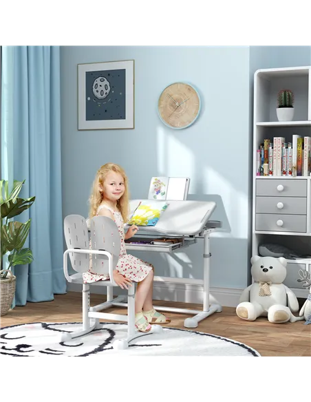 AIYAPLAY Height Adjustable Kids Desk and Chair Set, School Study Writing, Reading Table Chair Set w/ Tilted Desktop, Grey