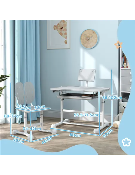 AIYAPLAY Height Adjustable Kids Desk and Chair Set, School Study Writing, Reading Table Chair Set w/ Tilted Desktop, Grey