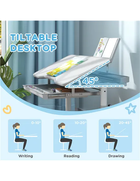 AIYAPLAY Height Adjustable Kids Desk and Chair Set, School Study Writing, Reading Table Chair Set w/ Tilted Desktop, Grey