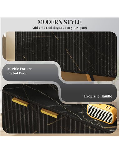 HOMCOM Marble Effect TV Unit, TV Stand Cabinet for up to 70" TVs, Modern TV Cabinet with Shelves and Storage Cupboard, Fluted Do