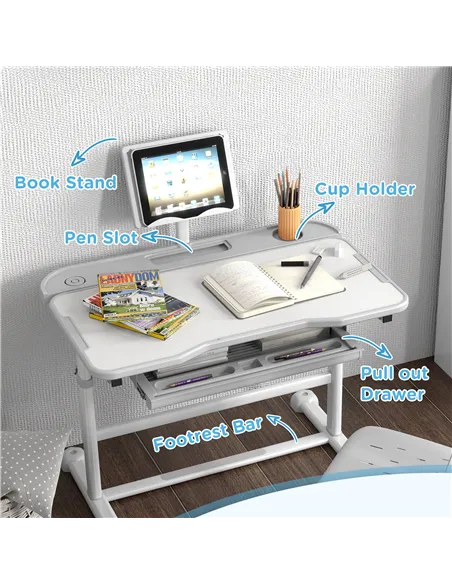 AIYAPLAY Height Adjustable Kids Desk and Chair Set, School Study Writing, Reading Table Chair Set w/ Tilted Desktop, Grey
