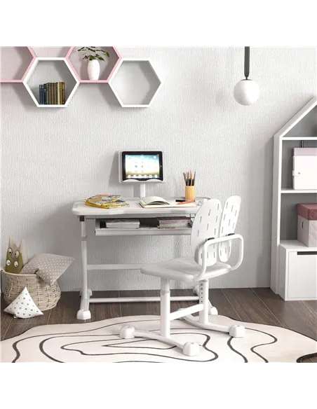 AIYAPLAY Height Adjustable Kids Desk and Chair Set, School Study Writing, Reading Table Chair Set w/ Tilted Desktop, Grey