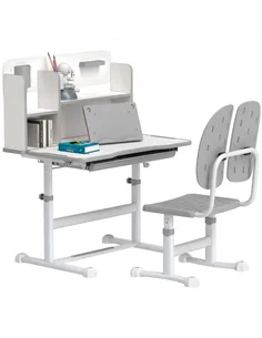 AIYAPLAY Height Adjustable Kids Desk and Chair Set, Children School Study Desk with Tiltable Desktop, Reading Rack, Grey