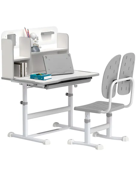 AIYAPLAY Height Adjustable Kids Desk and Chair Set, Children School Study Desk with Tiltable Desktop, Reading Rack, Grey