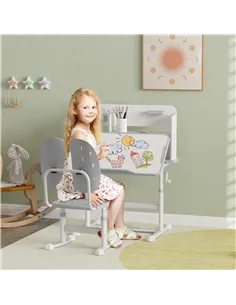 AIYAPLAY Height Adjustable Kids Desk and Chair Set, Children School Study Desk with Tiltable Desktop, Reading Rack, Grey 2
