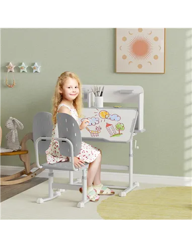 AIYAPLAY Height Adjustable Kids Desk and Chair Set, Children School Study Desk with Tiltable Desktop, Reading Rack, Grey