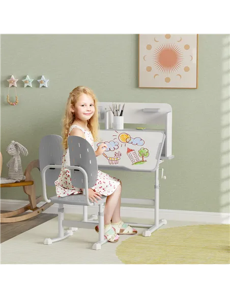 AIYAPLAY Height Adjustable Kids Desk and Chair Set, Children School Study Desk with Tiltable Desktop, Reading Rack, Grey