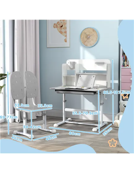 AIYAPLAY Height Adjustable Kids Desk and Chair Set, Children School Study Desk with Tiltable Desktop, Reading Rack, Grey