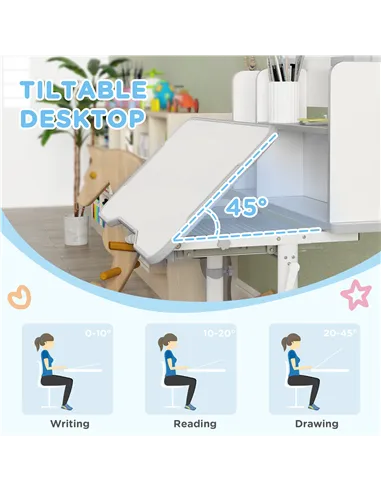 AIYAPLAY Height Adjustable Kids Desk and Chair Set, Children School Study Desk with Tiltable Desktop, Reading Rack, Grey