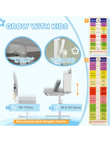 AIYAPLAY Height Adjustable Kids Desk and Chair Set, Children School Study Desk with Tiltable Desktop, Reading Rack, Grey