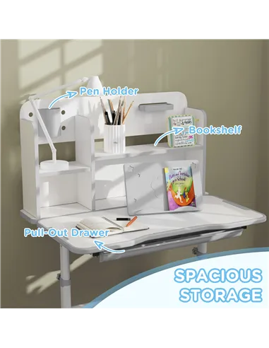 AIYAPLAY Height Adjustable Kids Desk and Chair Set, Children School Study Desk with Tiltable Desktop, Reading Rack, Grey