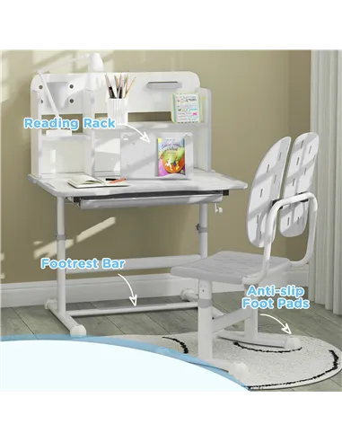 AIYAPLAY Height Adjustable Kids Desk and Chair Set, Children School Study Desk with Tiltable Desktop, Reading Rack, Grey