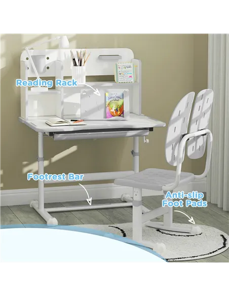 AIYAPLAY Height Adjustable Kids Desk and Chair Set, Children School Study Desk with Tiltable Desktop, Reading Rack, Grey
