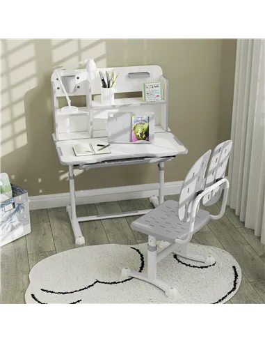 AIYAPLAY Height Adjustable Kids Desk and Chair Set, Children School Study Desk with Tiltable Desktop, Reading Rack, Grey