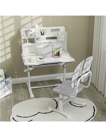 AIYAPLAY Height Adjustable Kids Desk and Chair Set, Children School Study Desk with Tiltable Desktop, Reading Rack, Grey