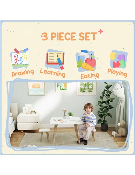 AIYAPLAY Kids Table and Chair Set, 3-Piece Toddler Furniture Set for Playroom, Bedroom, Ages 3-8 Years, White
