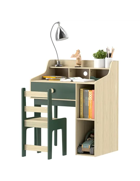 AIYAPLAY Kids Desk and Chair Set with Storage Shelves and Drawer, Green