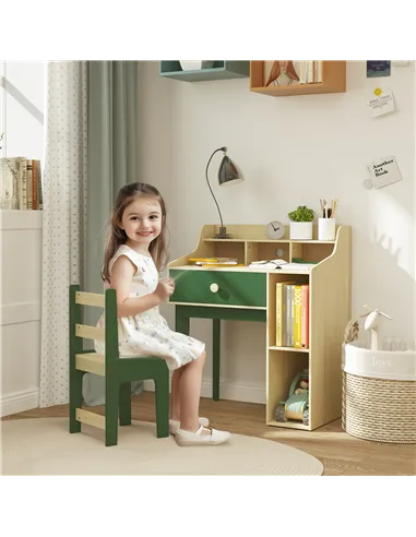 AIYAPLAY Kids Desk and Chair Set with Storage Shelves and Drawer, Green