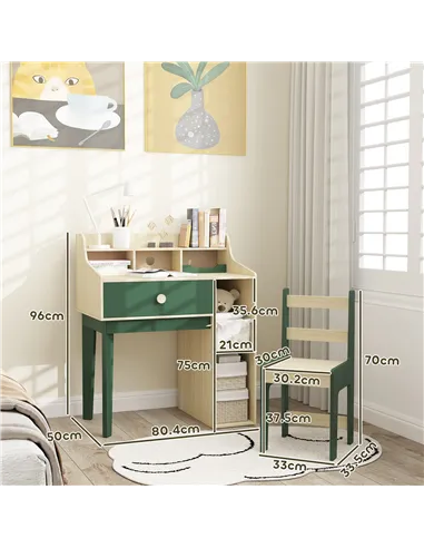 AIYAPLAY Kids Desk and Chair Set with Storage Shelves and Drawer, Green