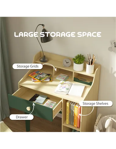AIYAPLAY Kids Desk and Chair Set with Storage Shelves and Drawer, Green