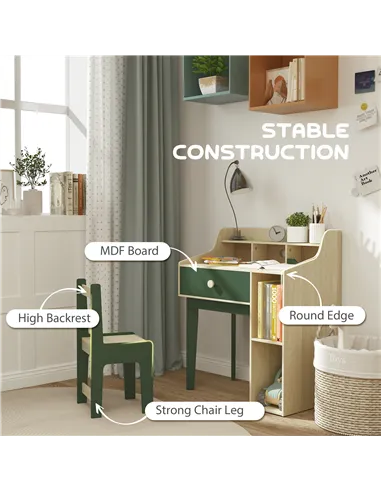 AIYAPLAY Kids Desk and Chair Set with Storage Shelves and Drawer, Green