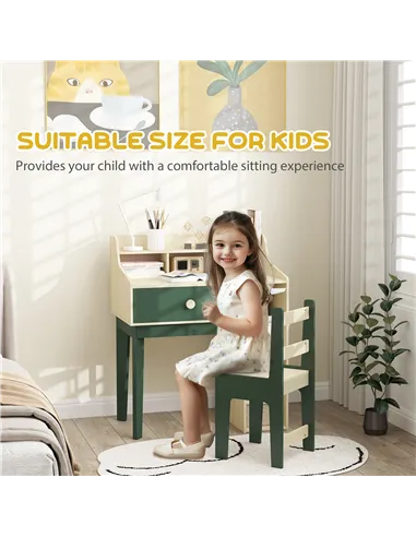 AIYAPLAY Kids Desk and Chair Set with Storage Shelves and Drawer, Green