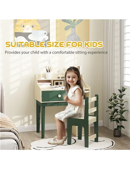AIYAPLAY Kids Desk and Chair Set with Storage Shelves and Drawer, Green