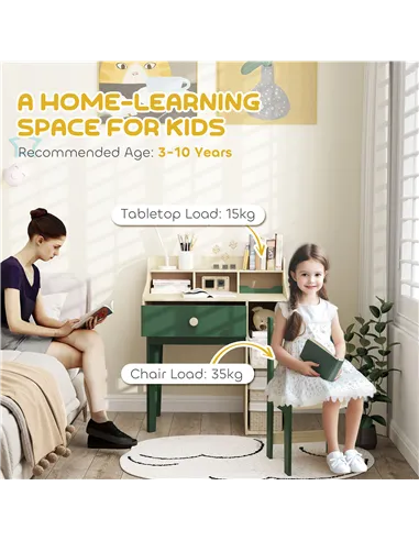 AIYAPLAY Kids Desk and Chair Set with Storage Shelves and Drawer, Green