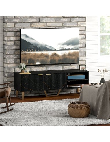 HOMCOM Marble Effect TV Unit, TV Stand Cabinet for up to 70" TVs, Modern TV Cabinet with Shelves and Storage Cupboard, Fluted Do