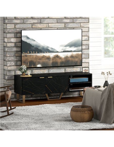 HOMCOM Marble Effect TV Unit, TV Stand Cabinet for up to 70" TVs, Modern TV Cabinet with Shelves and Storage Cupboard, Fluted Do
