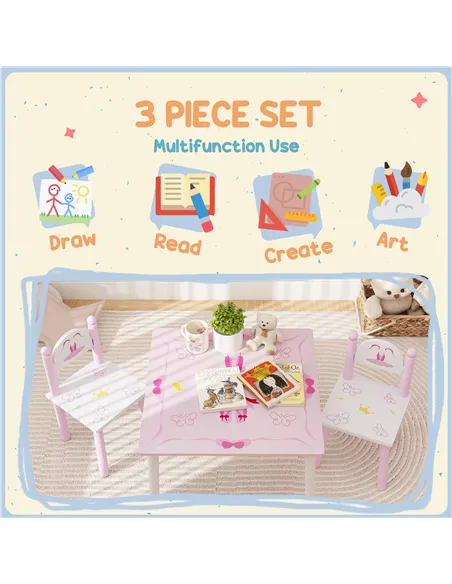 AIYAPLAY Princess-Designed Kids Table and Chairs Set for Activity, Art, Drawing, Toddler Table and Chairs Set for Playroom