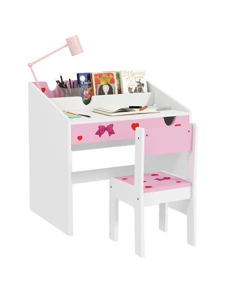 AIYAPLAY Children Study Table and Chair, Kids Desk and Chair Set with Storage, Pull-Out Drawer, for Ages 3-6 Years, Pink