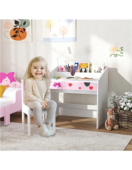 AIYAPLAY Children Study Table and Chair, Kids Desk and Chair Set with Storage, Pull-Out Drawer, for Ages 3-6 Years, Pink