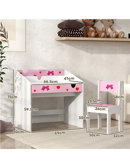 AIYAPLAY Children Study Table and Chair, Kids Desk and Chair Set with Storage, Pull-Out Drawer, for Ages 3-6 Years, Pink