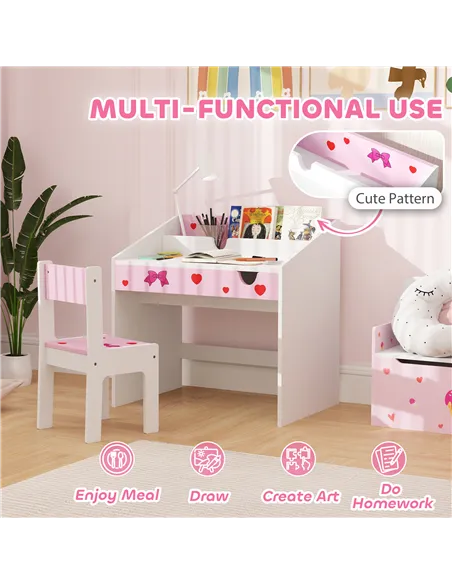 AIYAPLAY Children Study Table and Chair, Kids Desk and Chair Set with Storage, Pull-Out Drawer, for Ages 3-6 Years, Pink